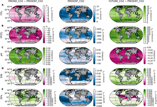 Surface inorganic carbonate system variables and nutrients in model simulations. Maps display (A) CO2(aq), (B)HCO3−, (C) pH, (D) dissolved inorganic nitrogen (DIN), and (E) dissolved iron (DFe) in the PRESENT_CO2 simulation (middle column), and as total difference between the PRESENT_CO2 simulation and the PREIND_CO2 (left) and FUTURE_CO2 simulations (right), respectively (PREIND_CO2 – PRESENT_CO2 and FUTURE_CO2 – PRESENT_CO2). Note the logarithmic color scale for present-day DIN and DFe concentrations (middle column).