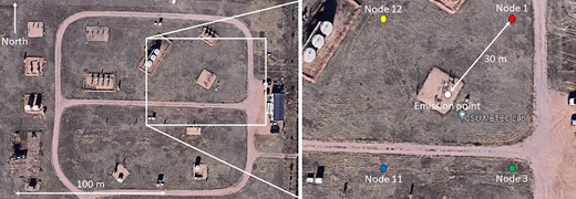 Location of fence-line sensors. Deployment locations of the 4 measurement nodes (Nodes 1, 3, 11, and 12) at the Colorado State University Methane Emissions Technology Evaluation Center site in Fort Collins, CO, USA, between the 27 August and 4 September, 2020. Map from Google Maps: www.google.com/maps. DOI: https://doi.org/10.1525/elementa.2022.00021.f2