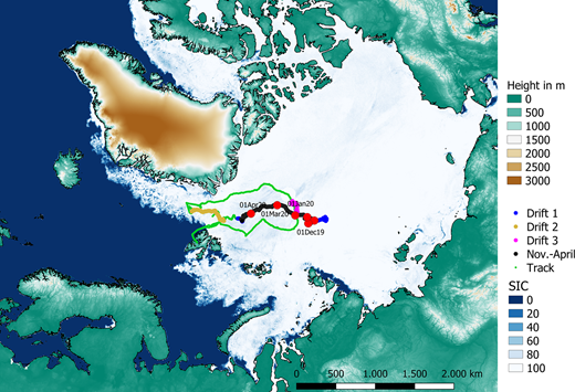 Model domain of the CCLM model. Model domain with 15 km resolution with topography and AMSR2 sea ice concentration for April 23, 2020. The green line shows the entire track of Polarstern, the 3 drift phases are marked in blue, orange, and violet. The black line marks the winter period November to April with dates of selected ship positions.