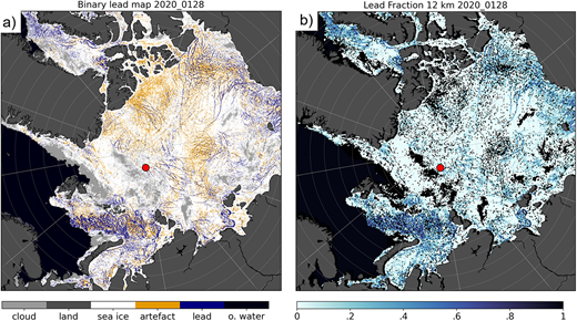 MODIS lead retrievals January 28, 2020. (a) Sea ice lead map (1 km resolution) for January 28, 2020, from MODIS thermal infrared data (blue/orange: lead pixels with high/lower detection certainty); (b) lead fraction with 12 km resolution for January 28, 2020. The position of Polarstern is indicated by a red dot.