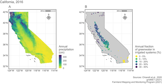 Annual precipitation data of California and estimated water requirements (2016). (A) Total annual precipitation (cm). (B) Modeled annual evapotranspiration (ET) fraction derived from green water (%) in irrigated systems. Green crop water requirements represent the amount of ET met by precipitation. Blue water requirements represent the amount of irrigation required to make up the difference between ET and the green crop water requirement, although this may overestimate blue water since in practice the full amount of water required to replace ET is sometimes not provided (e.g., with deficit irrigation). Areas corresponding to Prime Farmlands and Farmland of Statewide Importance were derived from census-based inventories as reported in Portmann et al. (2010) and the Farming Mapping and Monitoring Program (2021). Based on the dataset by Chiarelli et al. (2020) and gridMET (Abatzoglou, 2013; 2021).