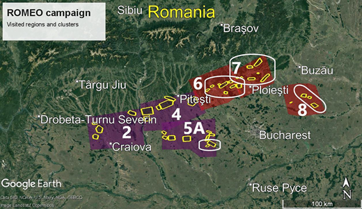 Map of the target regions of the ROMEO campaign (Google ©). Sites were grouped in big regions (violet color—2, 4, and 5A; red color—6, 7, and 8), and small clusters in each region, which were areas with a high density of oil and gas wells (yellow polygons). More detailed figures are available in Figure S1. The white enclosures were studied in the paper of Delre et al. (2022). ROMEO = ROmanian Methane Emissions from Oil and gas.
