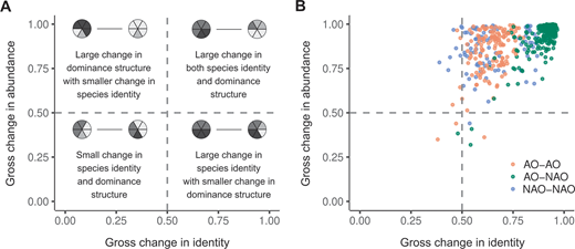 Gross change in species identity and dominance structure across the North Atlantic-Arctic domain. (A) Schematic representation of the analysis output interpretation per quadrant. (B) Comparison between and within North Atlantic and Arctic surface ocean communities of unicellular eukaryotes. Dots represent pairwise comparisons between samples and are colored by oceanic region combinations. See Table S5 for statistics supporting this analysis.