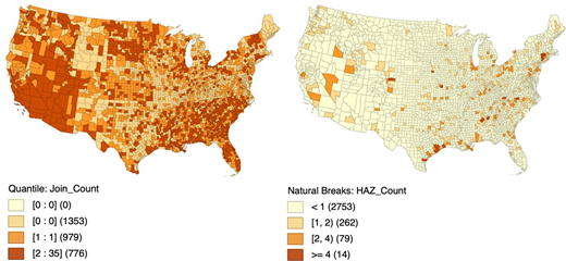 County-level map of landfills on the left and hazardous waste landfills on the right.