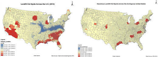 Hotspots and coldspots of nonhazardous waste landfills clustering across the United States on the left and hotspot clustering of hazardous waste landfills on the right.