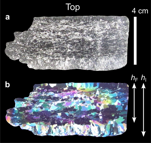 Frazil ice thickness identified in photographs of vertical thick and thin sections. (a) Vertical thick section of sea ice. (b) Vertical thin section (0.5 mm thick) obtained using cross-polarizing light (Lange, 1988), where hF and hI indicate frazil ice thickness and total ice thickness, respectively.