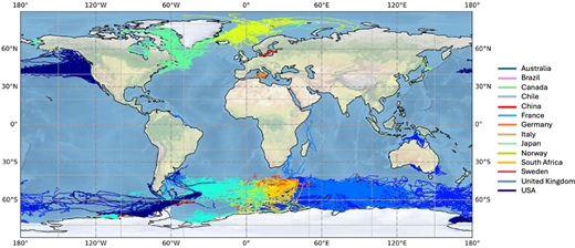 Global spatial distribution of oceanographic profiles made available by instrumented seals. These temperature-salinity profiles, collected from 2004 to 2024 and colour-coded by country of origin, are from the MEOP-CTD database (Roquet et al., 2024). The data presented here are freely available from the MEOP database (https://meop.net/database/index.html).