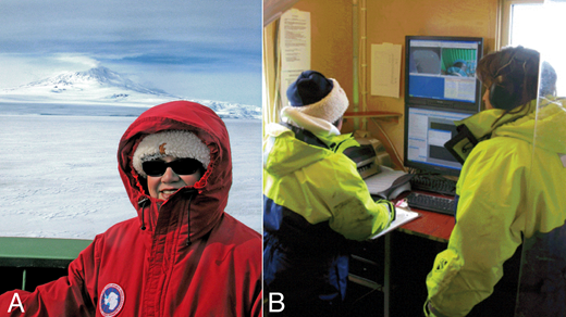 Figure 2. PolarTREC put teachers in the field with ASPIRE scientists. / Teacher Lollie Garay worked onboard the Icebreaker Oden in 2007–2008 (A), including operating the CTD recorder with researcher Yager as it descended 500 m into the deep Amundsen Sea (B). (Photo credits: L. Garay, courtesy of ARCUS)