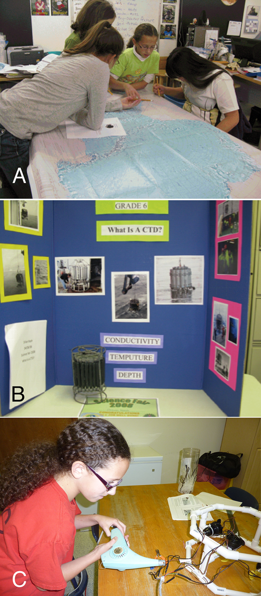 Figure 3. At sea technology inspired student participation and learning. / Students mapped the expedition cruise track (A); developed science fair posters, for example explaining the CTD recorder with a model (B); and built a robotic underwater sampler (C). (Photo credits: L. Garay)