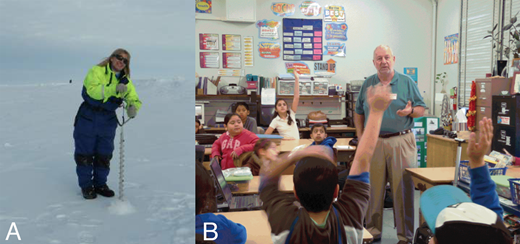 Figure 5. Teachers in the field and scientists in the classroom help bring the science home. / Teacher Anne Marie Wotkyns sampled the sea ice during the Oden Southern Ocean 2010–2011 expedition (A). Dr. Stephen Ackley answered questions from enthusiastic students in teacher Wotkyn’s classroom (B). (Photo credits: A. Wotkyns, Courtesy of ARCUS)