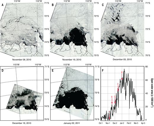Air-sea CO2 flux density. / Spatial distribution (ODV DIVA Gridding) of air-sea CO2 flux (mmol C m-2 d-1), based on pCO2 gradient, gas exchange coefficients, and average shipboard wind speed, is shown for the Amundsen Sea Polynya. Positive values (warm, red) imply carbon flux out of the ocean (outgassing), while negative values (cool, purple) indicate carbon flux into the ocean (uptake). Coasts and sea ice cover (dashed black line) are as in Figure 3.