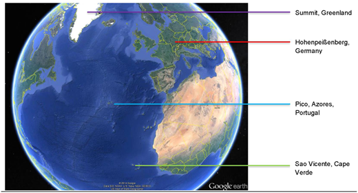 Figure 1. Map of study sites. / Location of Pico Island, Azores, Portugal; Summit, Greenland; Hohenpeissenberg, Germany; and Cape Verde Islands in the North Atlantic Region. See main text for more details about each site.