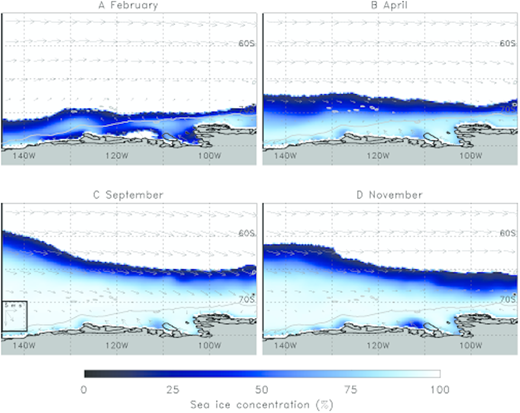 Figure 4. Mean seasonal changes in sea ice concentration and extent. / Mean monthly (1979–2012) sea ice concentration (shading) and winds (arrows) for (A) February, (B) April, (C) September, and (D) November. The gray contour outlines the 2000-m isobath. A legend for the wind speed is given in the lower left corner of (C).