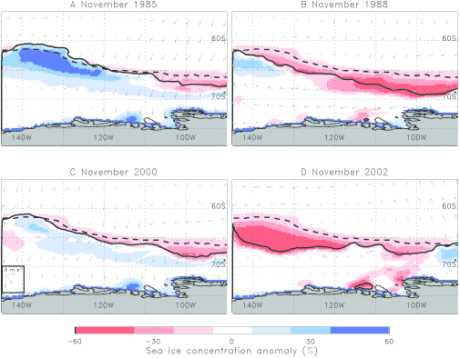 Figure 12. Anomalies in sea ice concentration and winds relevant to the eASP region. / Monthly anomalies in sea ice concentration (shading) and winds (arrows) for the Novembers of (A) 1985, (B) 1988, (C) 2000, and (D) 2002, showing examples of conditions leading to a late (A, C) versus early (B, D) opening in the ASP area. The solid and dotted contours delineate the observed and 35-year mean ice edge locations, respectively (based on 15% ice concentration). A legend for the wind speed is given in the lower left corner of (C).