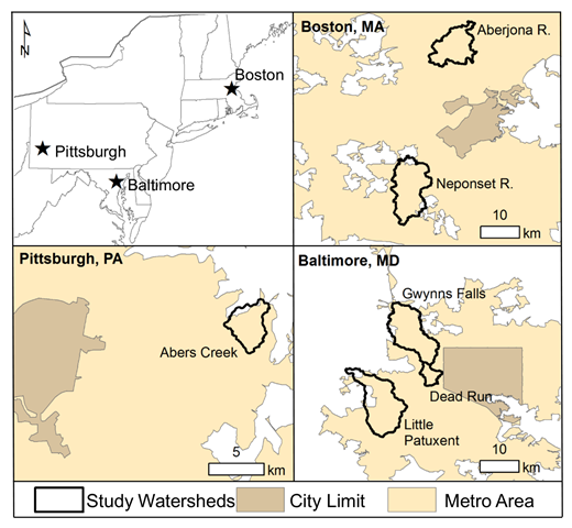 Figure 1. Study locations. / The locations of study watersheds in Boston, MA, Pittsburgh, PA, and Baltimore MD. All study watersheds are located within the metropolitan area of each city.
