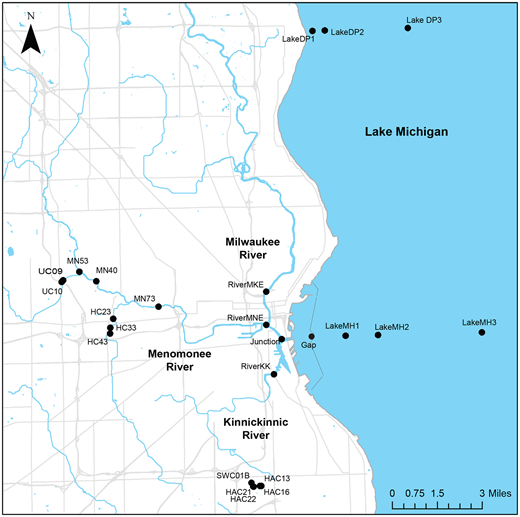 Figure 1. Map of sampling sites from Milwaukee stormwater outfalls, rivers, harbor and Lake Michigan. / Our study area included stormwater outfalls and pipes, and surface water sites on three rivers within metropolitan Milwaukee and in Lake Michigan. The Kinnickinnic River, Menomonee River, and Milwaukee River converge in the Milwaukee estuary (Junction) just prior to discharging to Lake Michigan through the main opening in the harbor breakwall (Gap). A total of six lake sites were sampled offshore from the Milwaukee Harbor and Doctor’s Park. Stormwater outfall samples were collected from Holmes Avenue Creek, Wilson Park Creek, Honey Creek, Underwood Creek, and Menomonee River.