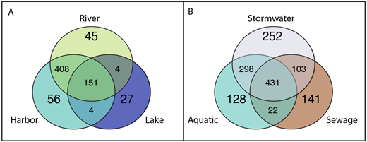 Figure 4. Venn diagram of biomarker taxa and cosmopolitan taxa from urban and aquatic environments. / Venn diagrams show the distribution of biomarker signature taxa, and rare or non-preferentially distributed taxa among A) rivers, harbor, and lake and among B) aquatic sources, sewage, and stormwater. The number of taxa identified by LEfSe analysis as biomarkers are shown as associated with their particular environment, although they may also be associated in lower abundance in other environments. The majority of taxa observed in the study had a cosmopolitan distribution, but low abundance in both urban and aquatic environments.