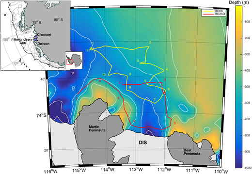 Figure 1. Map of the study area for the ASPIRE and KOPRI cruises. / The Amundsen Sea located near the Dotson and Crosson Ice shelves shown in blue on the inset map (adapted from Rignot et al., 2013). Colored lines indicate the glider missions: yellow for the glider mission during ASPIRE, red for the glider mission during the KOPRI cruise. Numbers on the lines are used to delineate different segments of a glider transect. Depths are indicated by the blue color scale and contour lines, the Antarctic continent is dark gray, and the ice shelves are light gray.