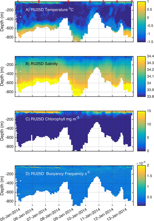 Figure 4. The full water column data collected by the deep-water glider during the KOPRI expedition. / Temperature, salinity, chlorophyll fluorescence and buoyancy frequency are shown throughout the water column, as measured by deep-water Webb glider RU25D. Temperature ranged from 1.0 to −1.5° C (A); salinity showed a range of 0.6 (B); chlorophyll fluorescence showed a range of 30 mg m−3 (C); and the buoyancy frequency (s−2) calculated from the glider data ranged in magnitude greater than two-fold (D). The numbers along the top (A) are the markers of glider mission segments identified on the red line in Figure 1.