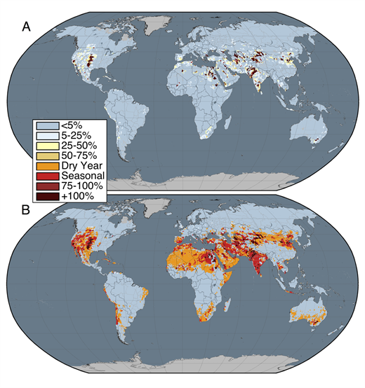 Figure 1. Water depletion in global watersheds. / Water depletion, the fraction of renewable fresh surface and groundwater available in a watershed consumptively used by human activities on annual, seasonal, and inter-annual time scales, for 15,091 watersheds delineated in WaterGAP3. Map A shows only annual depletion categories. In map B, seasonal and dry-year depletion are included; this increases by a factor of 15 the number of watersheds experiencing depletion of at least 75%.