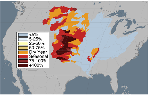 Figure 2. Water depletion in the Mississippi River watershed. / Calculating water depletion for sub-watersheds and at sub- and inter-annual time scales reveals heavily depleted watersheds, illustrated for the Mississippi watershed, which is 5–25% depleted as a whole.