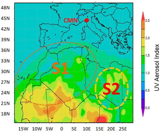 Figure 1. Mean average OMI UV Aerosol Index for the period January 2005–December 2012 over North Africa and the Mediterranean basin (courtesy of NASA). / Red dot denotes CMN locations. Source regions S1 and S2 are also highlighted with their high average Aerosol Index indicating their relevance as sources of mineral dust.