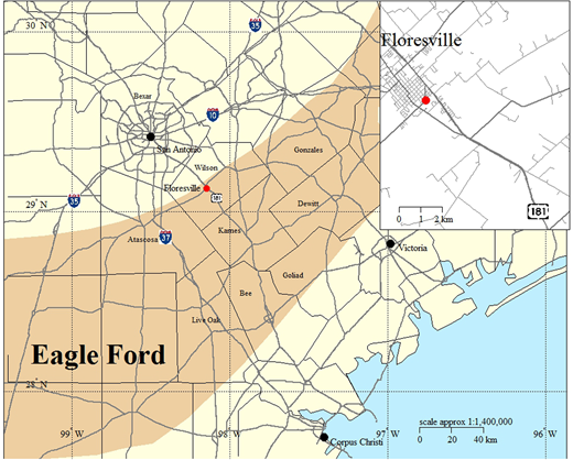 Figure 1. South Texas County map highlighting site location and shale area. / A south Texas county map of the Eagle Ford shale area (light brown), the monitoring site’s location in Floresville indicated by a red dot. The inset shows the local road network surrounding the site. Major roads are depicted as thick gray lines. Thin black lines mark county borders, and thin grey lines in the inset show residential roads.