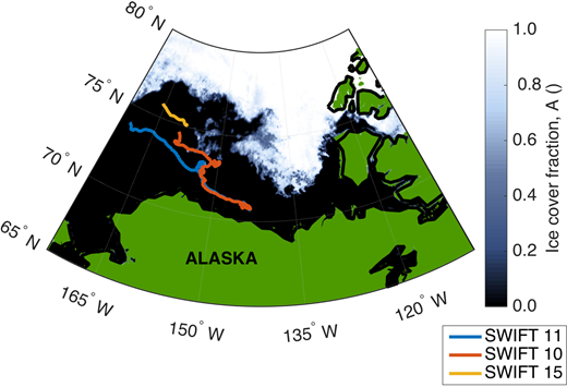 Figure 1. Tracks of SWIFT drifters in the Beaufort Sea. / Thick colored lines mark the tracks of SWIFTs 11 (blue), 10 (red), and 15 (yellow). SWIFTs 11 and 10 were deployed from July 27 to September 29, and SWIFT 15 was deployed from August 5 to 17. Shown over fraction of sea ice cover on September 1, A, from AMSR2 sea ice product (Beitsch et al., 2013).
