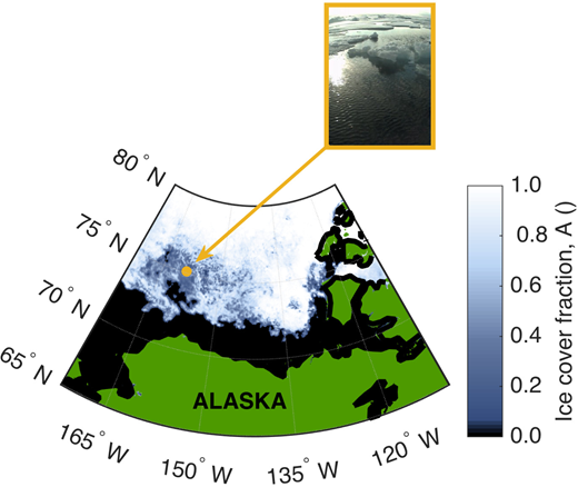 Figure 4. Example calculation of local ice concentration. / Fraction of local sea ice cover, A, from AMSR2 for SWIFT 15 on August 6. Local ice concentration was determined by averaging nonzero ice concentrations within a 30-km radius of SWIFT. Here, local ice concentration was calculated as 0.60. Image taken from SWIFT qualitatively confirms this estimate.