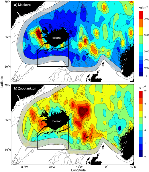 Figure 3. Mean mackerel and zooplankton abundances. / a) Average mackerel catches (kg km–2) and b) average zooplankton dry weight (g m–2 in the upper 200 m) from the International Ecosystem Summer Surveys in the Nordic Seas (IESSNS) from the period July–August. Averages are over the period 2010–2014 and gridded onto a regular grid (0.25° latitude x 0.5° longitude; see Material and methods). A border has been overlaid (gray shading) where the maps are less reliable due to the spatially limited data distribution. The black polygon denotes the region in the south of Iceland used in the statistical analysis (Figure 6 and Table 1). The on-shelf region is the area from the coast out to the 500 m isobath, while the off-shelf region extends from 500 m isobath southwards to 60°N.