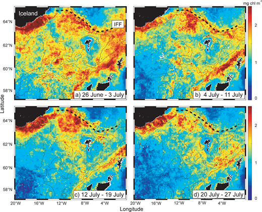 Figure 5. Average near-surface chlorophyll distribution (mg chl m-3). / Climatological averages (1998–2015) over four eight-day time segments from late June to late July are shown (see Material and methods). Dotted black line defines the Iceland-Faroe Front (IFF).