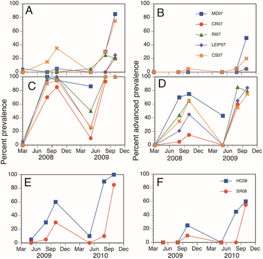 Figure 4. Prevalence of Perkinsus marinus infections. / Prevalence of Perkinsus marinus (Dermo disease agent) infections in oysters sampled over an 18-month period at Cape May (A and B) and Cape Shore (C and D) sites. A and B: Total and C and D advanced infection prevalence for the 2007 cohorts sampled in 2008 and 2009; E&F: Total and advanced infection prevalence for the 2008 cohorts sampled in 2009 and 2010. Each point represents a 20-oyster sample; both total and advance prevalence data are relative to the entire sample. Legend in plot D refers to A-D; that in F, refers to E and F. See Table 1 for stock codes.