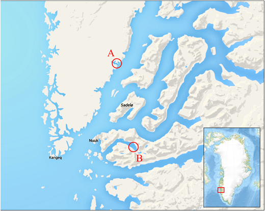 Figure 1. Map of the study area and location of sampling sites in 2013 and 2014. / Samples were taken in (A) Kanajorsuit Bay, Greenland (N 64.44632, W 51.57724), between 27 March and 5 April, 2013, and in (B) Kobbefjord, Greenland (N 64.15340, W 51.42275), between 12 and 21 March, 2014.