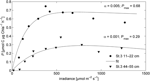 Figure 1. Examples of PI curves for melted sea ice. / PI curves, photosynthesis (P) versus irradiance, are shown for the bottom layer sample (triangles) and the layer of the second highest sample (circles) of fast ice at St.3 in the Gulf of Finland. The corresponding fits were obtained using MATLAB and used to calculate the photosynthetic efficiency α (shown), maximum photosynthesis, Pmax (shown) and quantum yield of photosynthesis Φ (not shown).