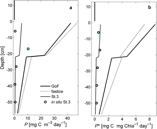 Figure 5. Calculated and in situ measurements of primary production rates. / The calculated daily rates of primary production, P, and primary production normalized to Chl a, P*, are presented in panels a and b, respectively, over the entire ice depth for the means of St.3 (dotted line), the fast ice stations (grey line), and all of the Gulf of Finland GoF stations (black line). These calculated results are shown in comparison to the mean values of in situ measurements of P and P* for all 5 ice layers (black circles), where the standard deviation among replicates is shown in green. Note that samples from all layers were incubated in situ at a depth of 10 cm and that no14C measurements were made on snow; the vertical black lines above 0 depth assume negligible P in the snow.