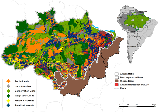 Figure 1. Deforested area and land tenure categories in the Brazilian Amazon. / Sources: Deforestation data from National Institute for Space Research (INPE) and Brazilian Amazon Forest Monitoring by Satellites Project (PRODES) (INPE/PRODES, 2016); IL, FCU and SCU from Socio-environmental Institute (ISA, 2015); RS from the National Institute for Colonization and Agrarian Reform (INCRA, 2015); FPL and SPL from Brazilian Forest Service; PP from state database of Rural Environmental Registry from States Secretaries of Environment (Para, Acre and Mato Grosso states; reference year: 2013); NI are undefined polygons.