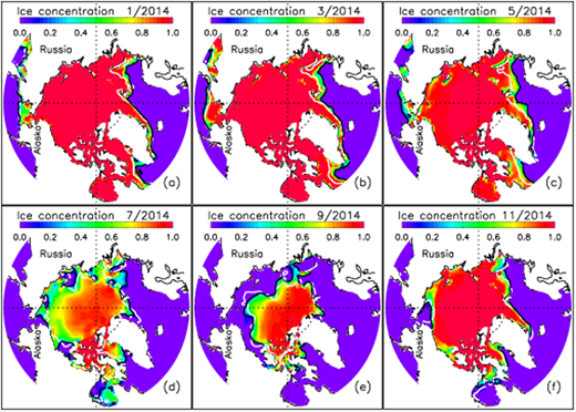 Figure 4. Annual cycle of simulated sea ice concentration. / Simulated monthly averaged ice concentration for January (a), March (b), May (c), July (d), September (e), and November (f) of 2014. The white line indicates the satellite observed sea ice edge, defined as 0.15 ice concentration; the black line, the model-simulated ice edge. Satellite ice concentration data are from http://nsidc.org/data/nsidc-0081.html.