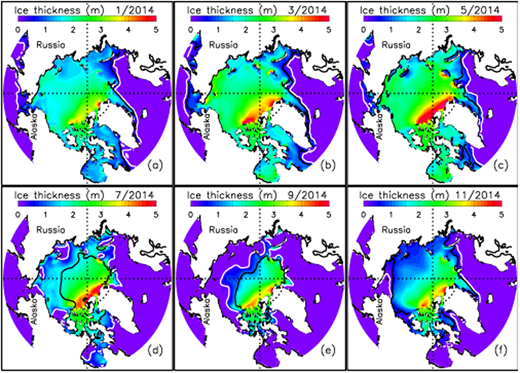 Figure 5. Annual cycle of simulated ice thickness. / Simulated monthly averaged mean ice thickness (hm=∫0∞gh(h)hdh) for January (a), March (b), May (c), July (d), September (e), and November (f) of 2014. The white line indicates the simulated ice edge; the black line, the simulated 0.8 ice concentration contour, representing the interior boundary of the marginal ice zone (MIZ).