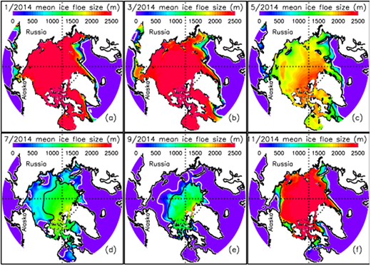 Figure 9. Annual cycle of simulated mean floe size. / Simulated monthly averaged mean floe size (lm=∫0∞gl(l)ldl) for 2014. The white line indicates the simulated ice edge; the black line, the simulated 0.8 ice concentration contour, representing the interior boundary of the MIZ.