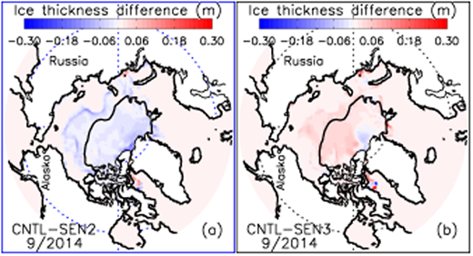 Figure 15. September ice thickness difference. / Simulated September 2014 mean ice thickness difference between the CNTL and SEN2 model runs (a) and the CNTL and SEN3 runs (b). The black line indicates the simulated 0.8 ice concentration contour for the CNTL run.