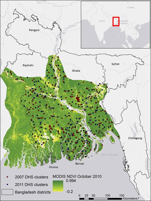 Figure 2. Location of Demographic Health Survey clusters within the GBM delta. Our study area encompasses the GBM delta within Bangladesh only. The extent of the GBM delta is outlined by the MODIS NDVI for the month of October 2010. DOI: https://doi.org/10.1525/elementa.153.f2