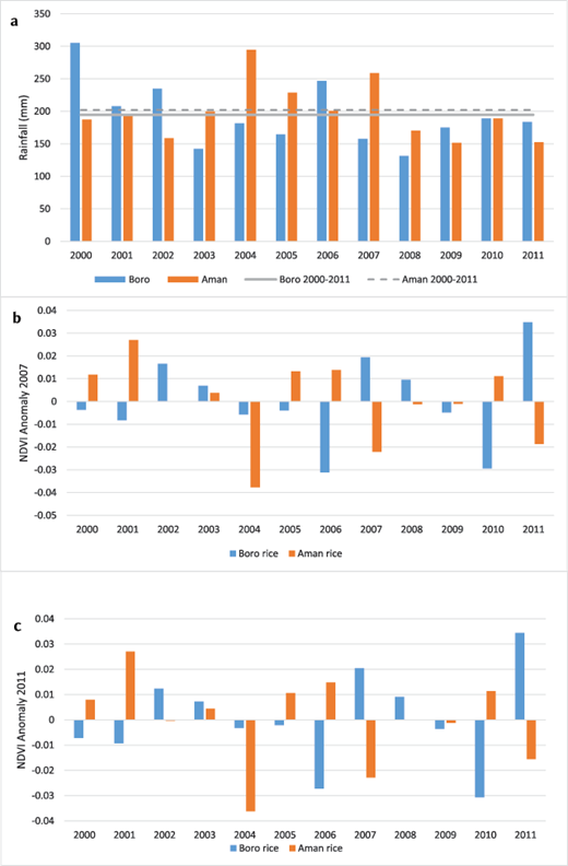 Figure 3. Rainfall and NDVI during growing seasons of Boro and Aman rice for the period 2000–2011. Mean rainfall during growing season for Boro (April–May) and Aman (Sep–Nov) rice and 10-year means (in grey) (a) and mean NDVI anomaly for all cluster areas for 2007 (b) and 2011 (c) for growing season months of Boro and Aman rice for the years 2000–2011. DOI: https://doi.org/10.1525/elementa.153.f3