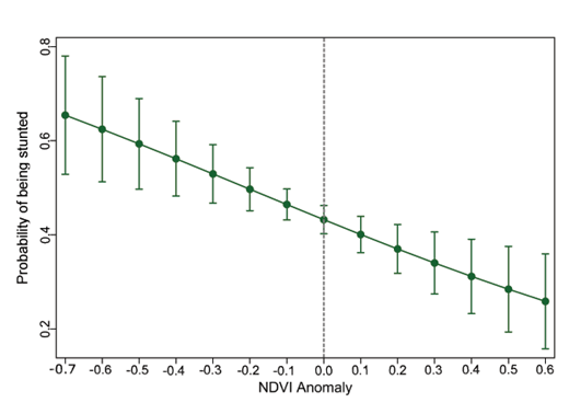 Figure 5. Predicted probabilities of being stunted. The predicted probabilities of being stunted according to NDVI anomaly with 95% confidence interval for the 2007 BDHS survey year. Dashed grey line represents the transition from negative to positive NDVI anomaly. DOI: https://doi.org/10.1525/elementa.153.f5