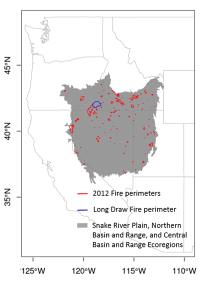 Figure 1. Areas burned by wildfires in the Snake River Plain, Northern Basin and Range, and Central Basin and Range Level III Ecoregions during 2012. The area burned by the Long Draw Fire is outlined in blue. DOI: https://doi.org/10.1525/elementa.185.f1