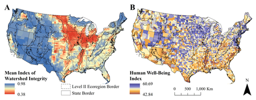 Figure 1. County-level maps of watershed integrity and human well-being. (A) Mean Index of Watershed Integrity within each county and (B) The Human Well-Being Index for each county of the conterminous United States. North American Level II Ecoregion borders are also displayed. DOI: https://doi.org/10.1525/elementa.189.f1