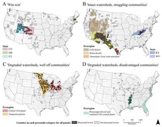 Figure 3. Hotspots and coldspots of watershed integrity and human well-being. Counties of the conterminous U.S. that fall in each of the four outlying percentile categories. (A) Mean IWI and HWBI above the 75th percentile; (B) Mean IWI above the 75th percentile and HWBI below the 25th percentile; (C) Mean IWI below the 25th percentile and HWBI above the 75th percentile; and (D) Mean IWI and HWBI below the 25th percentile. Clusters of counties with non-random patterns associated with either ecoregion, industry-dependence, or state are darkly striped and discussed in the text. Counties that fell within each category but were not distinctly clustered in association with the independent variables examined here are lightly striped and not discussed further. Particular ecoregions and states with which clusters of darkly striped counties were associated are highlighted in each panel. DOI: https://doi.org/10.1525/elementa.189.f3