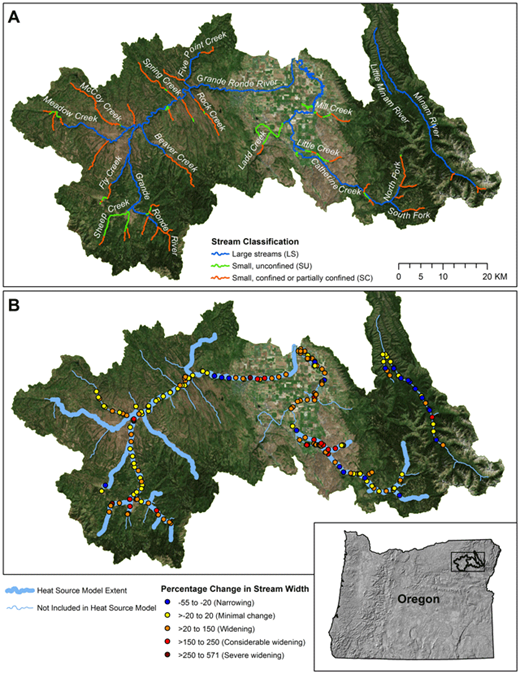 Figure 2. Study area, stream classification, and historical changes to channel widths in three focal watersheds. Location of study watershed in northeast Oregon including (A) major salmon-bearing tributaries and the stream classification described in the methods and (B) values of channel change estimates where historical General Land Office surveys intersected with contemporary Aquatic Inventory Program surveys. Focal watersheds include the upper Grande Ronde River, Catherine Creek, and Minam River. The upper Grande Ronde River and Catherine Creek have significantly modified stream conditions from over a century of intensive land use. The Minam River is in the Eagle Cap Wilderness area and most approximates historical reference conditions. DOI: https://doi.org/10.1525/elementa.192.f2