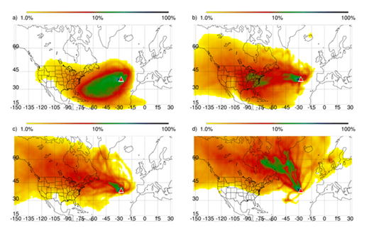 Figure 3. FLEXPART simulated summertime column integrated residence time for determined transport patterns: (a) NATL, (b) NA-anthro, (c) Fire, and (d) Upper in 2001–2010. The color coding indicates the relative abundance of residence time. Abbreviations of the transport patterns are given in Table 1. DOI: https://doi.org/10.1525/elementa.194.f3