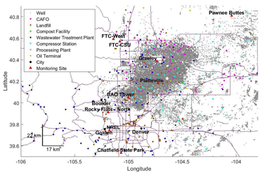 Figure 1. Map of Front Range with monitoring sites and potential emission sources. Map of the Front Range showing monitoring sites and methane and potential O3 precursor sources (color coded dots) (COGCC, 2014b, D Wells, CDPHE, personal communication, July 2014). DOI: https://doi.org/10.1525/elementa.254.f1
