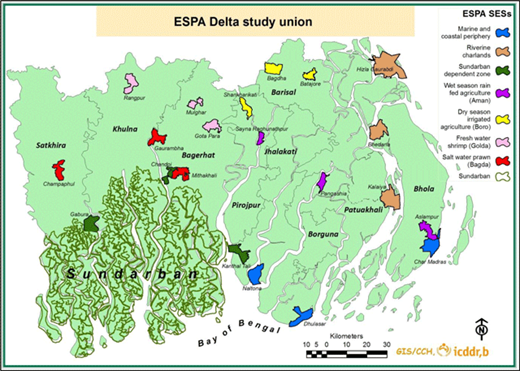 Figure 1. ESPA deltas study area map. In ESPA deltas study, 4 Social-ecological Systems (SES) were matched with major land-use types: Aman, Boro, Bagda and Golda SESs. Unions falling in these SES were defined by greater than 80% land coverage of each of these land uses, adjusting for mudflats, river canals, sand, rural and urban settlements, water bodies nd water logged land areas. 3 SES are not directly identifiable by specific land use type, but spatial environmental characteristics. Sundarban dependent SES includes all unions contiguous with the Sundarban. Marine unions are all sea facing unions and Char unions are defined as any union that has the presence of riverine chars (Adams et al., 2016). DOI: https://doi.org/10.1525/elementa.143.f1
